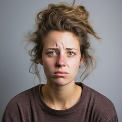 Close-Up Portrait of a Fictional Sad and Depressed Person Isolated on a Neutral Background. Face Expression. Generative AI. 