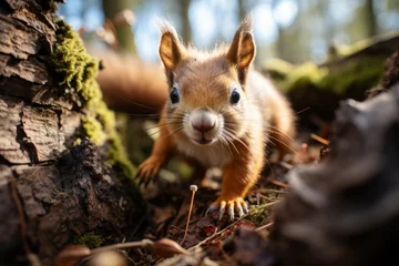 Tuinposter Curious squirrel playfully exploring a tree trunk, Generative AI © Shooting Star Std