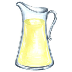 Glass jug with refreshment drink yellow color Watercolor hand drawn illustration on a white background for your design, decorating invitations and cards, making stickers, embroidery scheme, print on