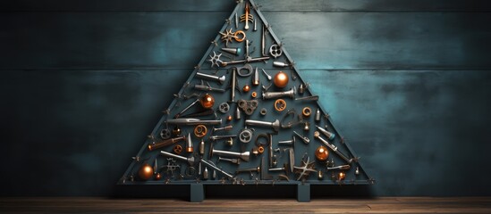 Steel tool Christmas tree with copy space joyful new year and festive christmas celebrations