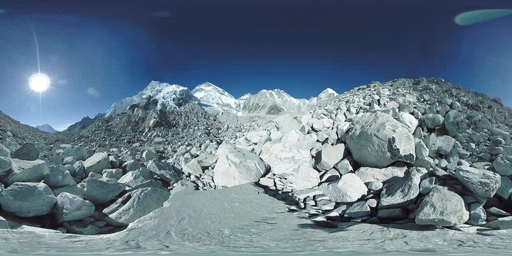 360 vr panoramic view of the Everest Base camp place. Mount Everest with beautiful sky and Khumbu glacier. Khumbu valley, Sagarmatha national park, Nepal of the Himalayas. End point of EBC track route