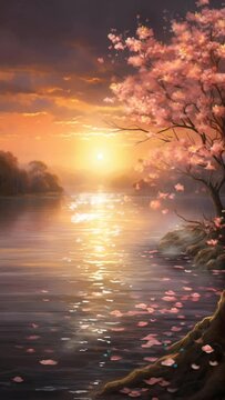 Beautiful fantasy spring nature portrait and cherry blossom tree animated background in Japanese anime watercolor painting illustration style. seamless looping video animated background