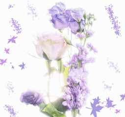 Romantic Purple Flower arrangement with scattered purple leaves