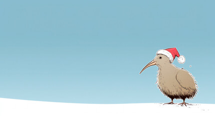 Cute kiwi bird wearing red Christmas Santa hat, blue background