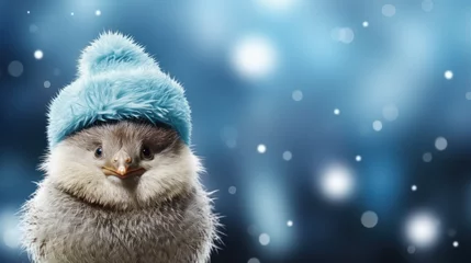 Foto op Plexiglas Cute kiwi bird wearing blue hat, blue background © piknine