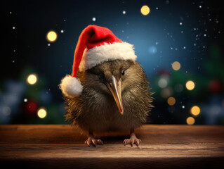 Cute kiwi bird wearing red Christmas Santa hat, blue background