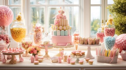 Tasty candy bar for Birthday party on table.