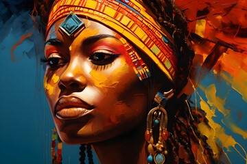 Colorful modern Traditional African painting for tourist. painting of african woman with traditional head gear, african fabric, Abstract painting concept with generative ai