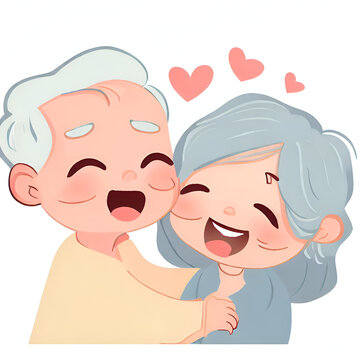 Cute Old Mature Elderly Couple Together with Grey Hair Posing, Smiling, Laughing and Having Fun, Care and Support who are Happy and in Love in a Retirement House, Cartoon Style Marriage Candid Photo