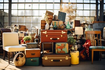 Cardboard boxes with used stuff for sale at the flea market,garage sale in the lawn of the front of house, Clothes rack, old-fashioned suitcases, garden tools and interior goods selling at garage mark