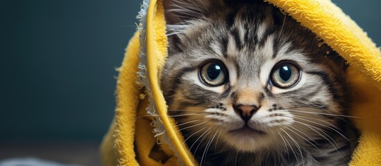 Damp gray tabby kitten wrapped in yellow towel with blue eyes
