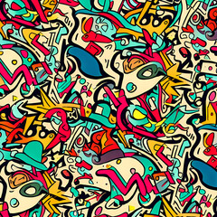 Close Up of a Large Group of Different Abstract Fun Funky Whimsical Colorful Busy Ugly Spaghetti Psychedelic Cartoon Swirl Doodle Shapes Subconscious Creativity Expressive Art Forms Pattern Graffiti