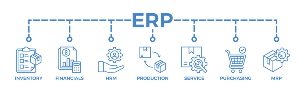 ERP Banner Web Icon Vector Illustration Concept For Enterprise Resource Planning With Icon Of Inventory, Financials, Hrm, Production, Service, Purchasing, And Mrp