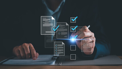 Document management concept, Businessman check electronic documents, survey filling out. digital...