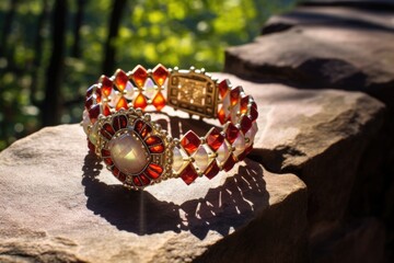 a beaded bracelet on a stone wall in bright sunlight