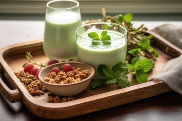a bamboo tray holding a bowl of granola, yogurt, and a glass of green smoothie