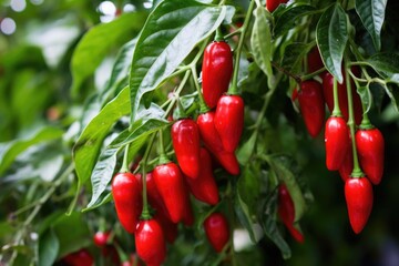 close-up of ripe red chili peppers hanging on lush green plant
