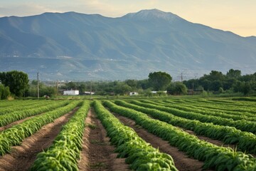 Fototapeta na wymiar rows of green chili pepper plants with mountains in the background