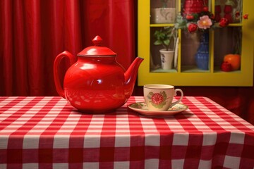 a red teapot on a vibrant checkered tablecloth in a kids cafe