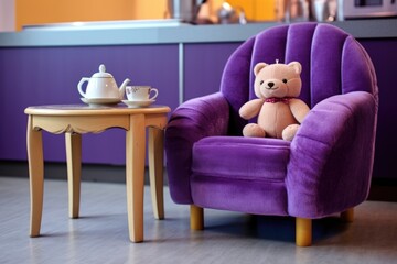 a purple teapot next to a stuffed animal on a kids cafe chair