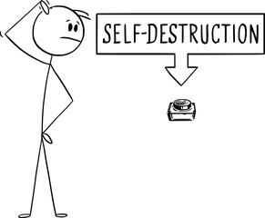 Person and Self-destruction Switch or button, Vector Cartoon Stick Figure Illustration