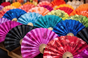 a group of colorful hand fans spread out on a market stall