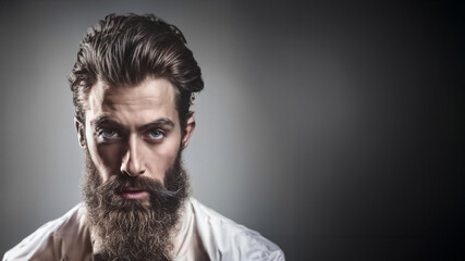 Fototapeta premium Ritratto frontale modello con barba, sfondo grigio