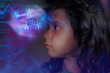 Child in the light of blue, children and spirituality, development of intuition, connection with the absolute and one's soul, vision, meditation, mental health - obrazy, fototapety, plakaty