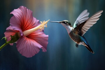 Naklejka premium a hummingbird frozen in flight, its beak inches away from a pink hibiscus flower