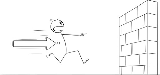 Person Running Against Wall, Vector Cartoon Stick Figure Illustration