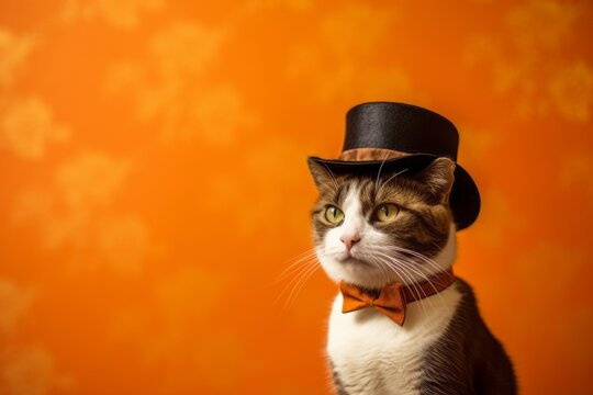 smiling javanese cat wearing a bowler hat isolated on tangerine orange background