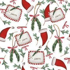 Christmas watercolor pattern. For wrapping paper and other New Year, Christmas, Christmas Eve-themed products. Santa Claus letter, Christmas tree toys, candies, mittens, a sprig of viburnum, ribbons. - 653258540