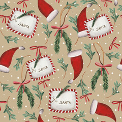 Christmas watercolor pattern. For wrapping paper and other New Year, Christmas, Christmas Eve-themed products. Santa Claus letter, Christmas tree toys, candies, mittens, a sprig of viburnum, ribbons. - 653258544