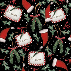 Christmas watercolor pattern. For wrapping paper and other New Year, Christmas, Christmas Eve-themed products. Santa Claus letter, Christmas tree toys, candies, mittens, a sprig of viburnum, ribbons. - 653258545