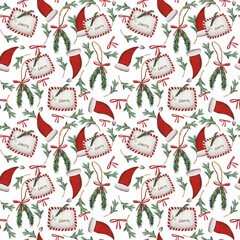 Christmas watercolor pattern. For wrapping paper and other New Year, Christmas, Christmas Eve-themed products. Santa Claus letter, Christmas tree toys, candies, mittens, a sprig of viburnum, ribbons. - 653258556