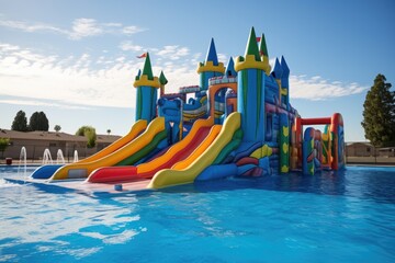 inflatable bounce house with slide and pool in a water park