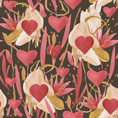 Festive seamless romantic acrylic pattern with dried flowers, ribbons and hearts for any love theme - 653258919