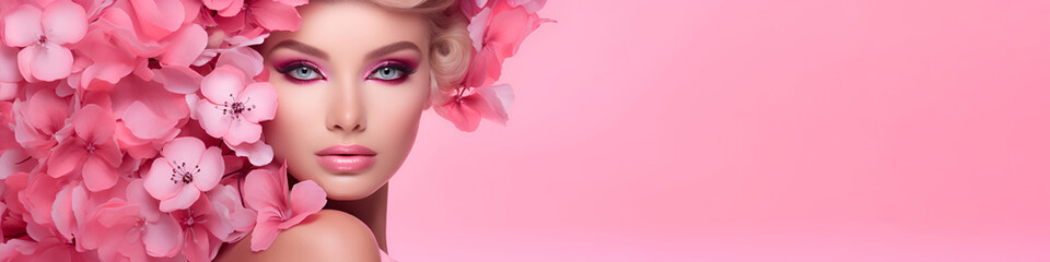 Beauty Art girl blonde with pink flowers in her hair and professional makeup, on a studio pink background banner with copy space. The concept of naturalness of cosmetic products and cosmetology.