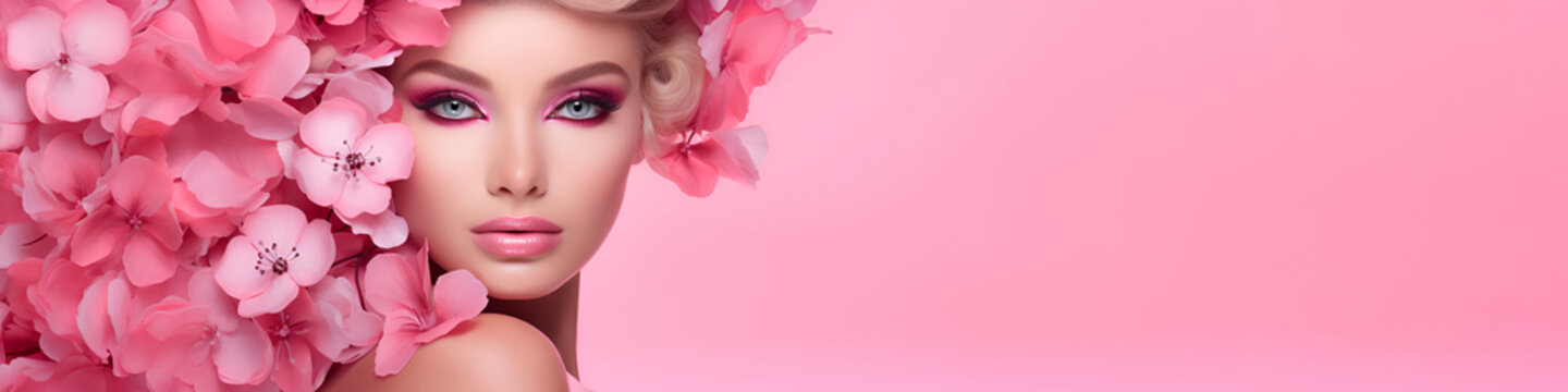 Beauty Art Girl Blonde With Pink Flowers In Her Hair And Professional Makeup, On A Studio Pink Background Banner With Copy Space. The Concept Of Naturalness Of Cosmetic Products And Cosmetology.