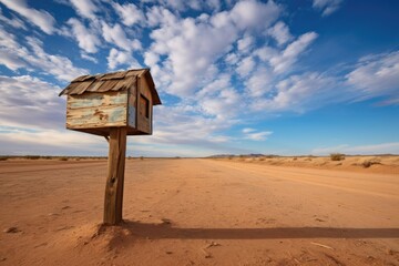 a rustic wooden mailbox standing alone in a sandy desert