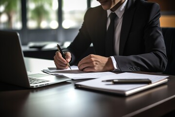 Businesswoman worker or manager in a black suit in a good mood using a laptop and calculator to calculate company income and expenses balance inside the office.