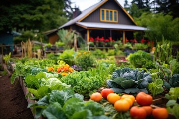 mix of colorful, varied vegetables on community garden plot