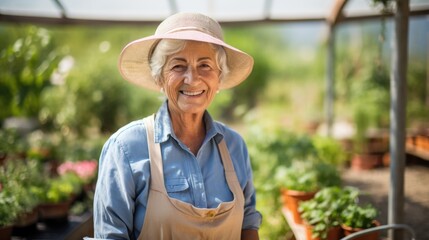 portrait of a smiling elderly woman in a garden - obrazy, fototapety, plakaty