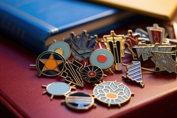 closeup of enamel pins with academic motifs