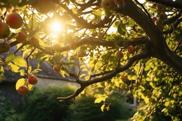 Fototapeta premium sunlight streaming through branches of an apple tree