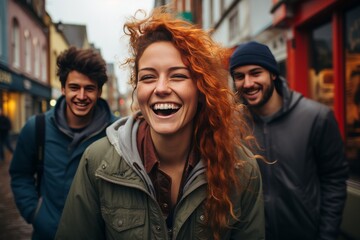 Group of friends laughing and enjoying a day out in the city, Generative AI