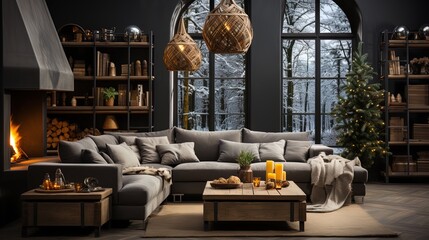 Fototapeta premium Modern Yuletide Elegance: Cozy Winter Interior with Festive Decor and a Warm Fireplace in 8K created with generative ai technology
