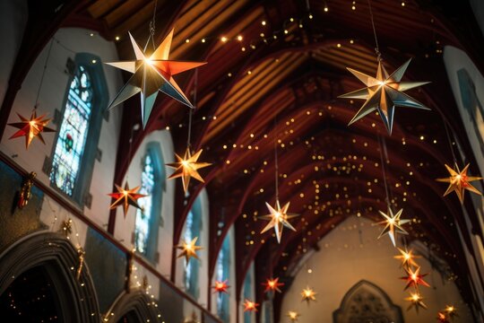 christmas stars decoration hanging from church ceiling