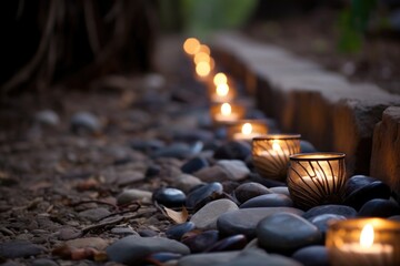 row of lit tealight candles on a rustic stone path