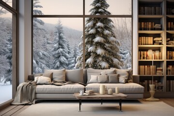 Stunning view from the living room of the winter landscape with snow-covered trees creating a...